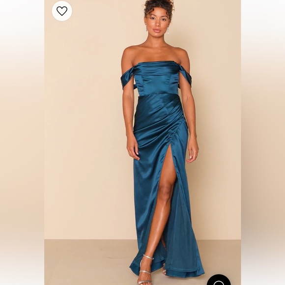 Lulus Dresses & Skirts - Teal satin off the shoulder maxi dress with high slit - Lulus
